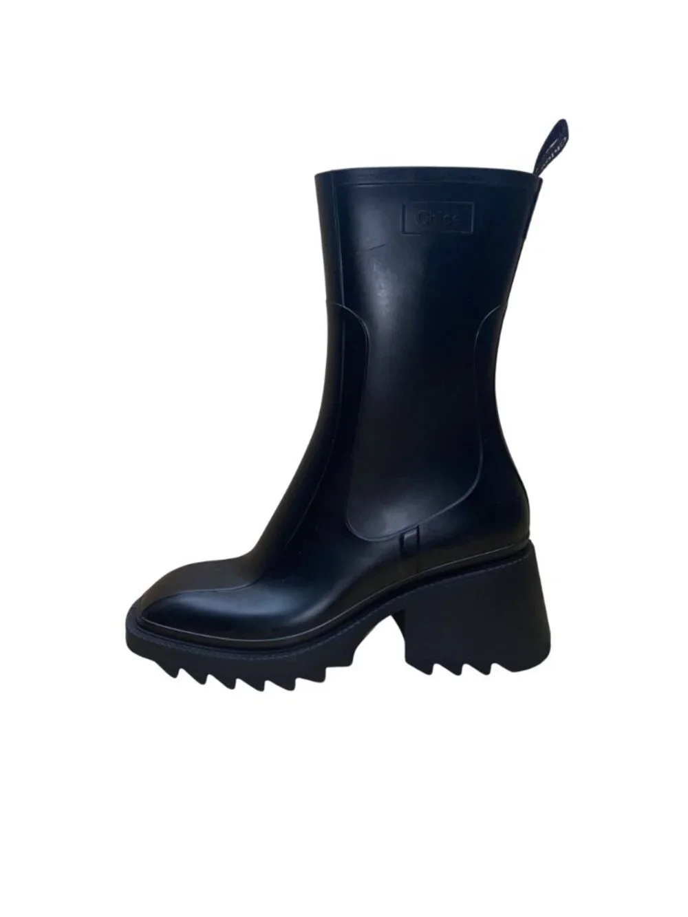 Chloe Women’s Black Rubber Zip-Up Chunky Heel Square Toe Betty Rain Boots Sz 10